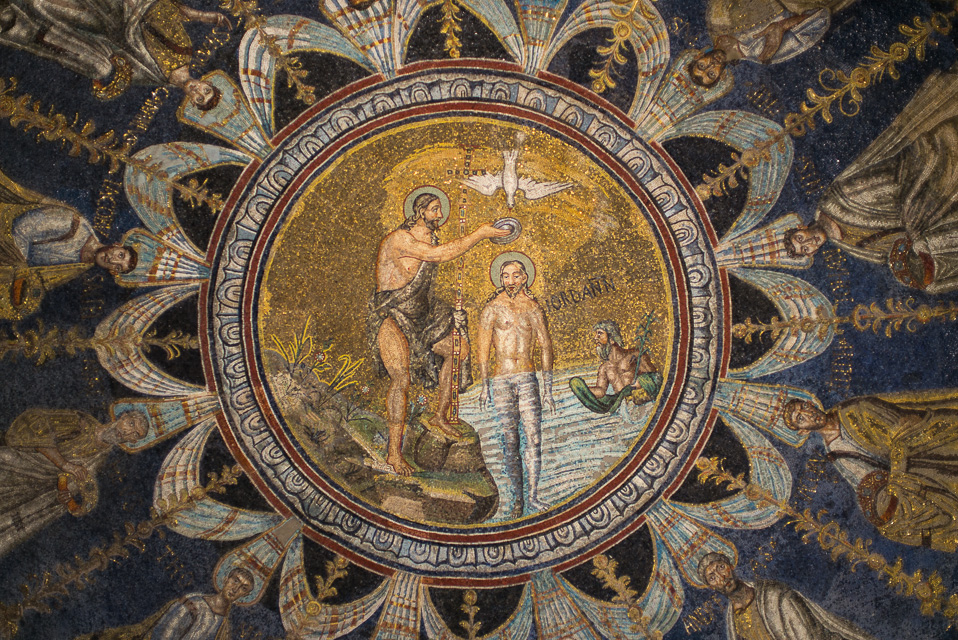 The baptism of Christ by St John the Baptist. A personification of the River Jordan appears on the right.