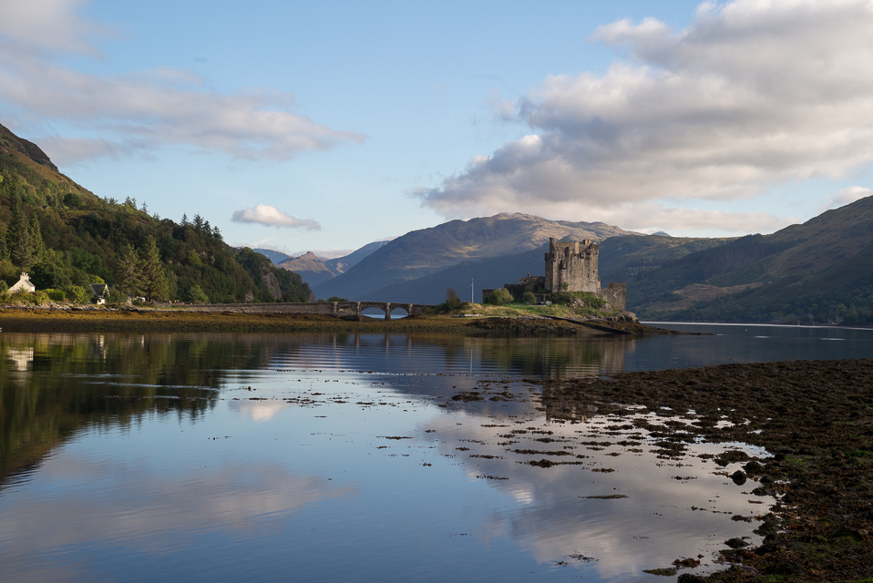 Eilean Donan Castle, north-west Scotland. This is also a training ground for the British RAF, so taking the view, a jet scoots past at a couple of hundred metres altitude, coming around the loch behind the castle and to its right. I missed it this time, but see below!