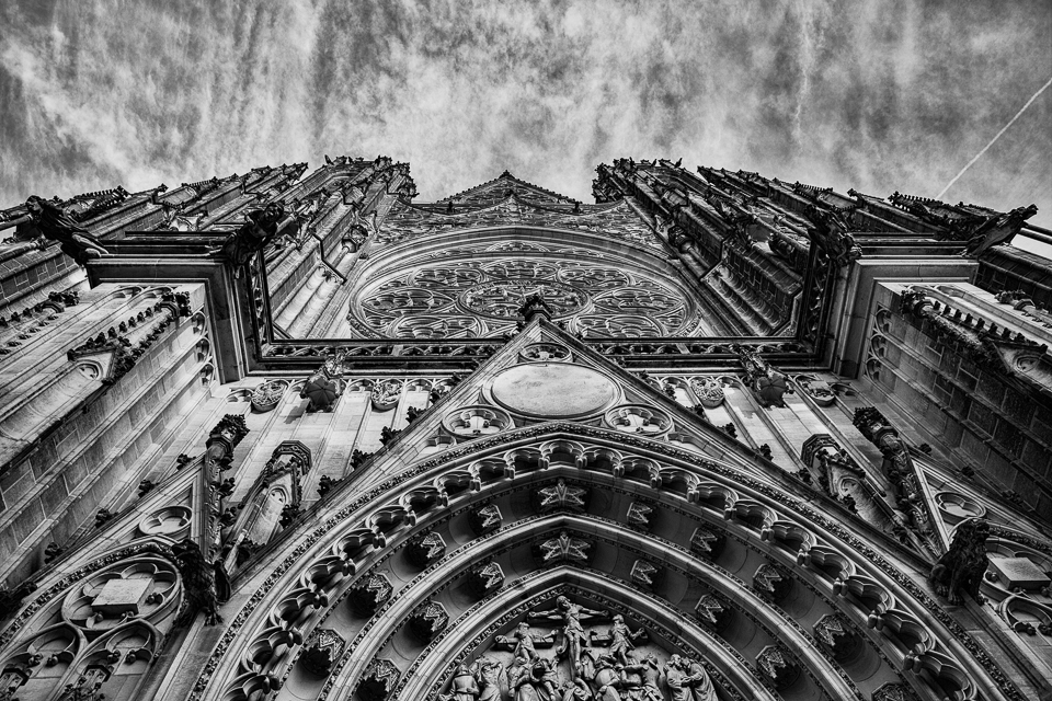 Looking up at the entrance of the cathedral. The doorway dates from 1953