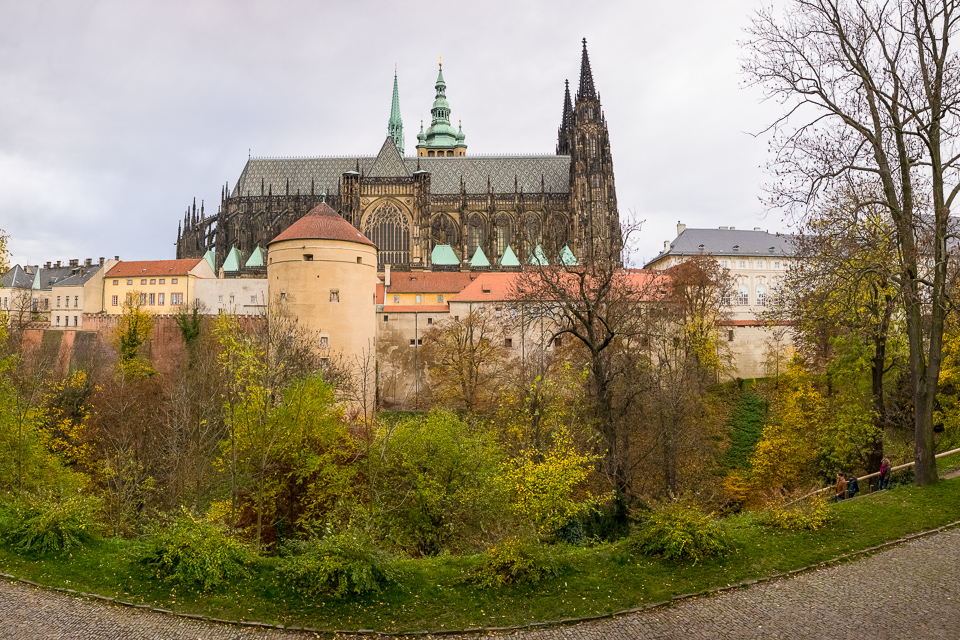 View of the cathedral from the north. You can see the remains of the castle walls, and the greenery below goes down to a deep trench, that would be filled with water to act as a moat when needed.