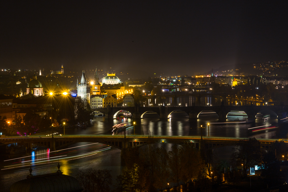 The busy Vltava River around the Charles Bridge and castle precinct.