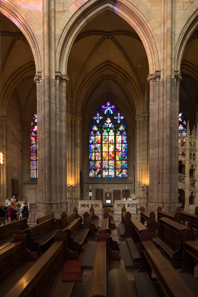 Inside the cathedral, looking across at a stain glass window from the modern section of the church.