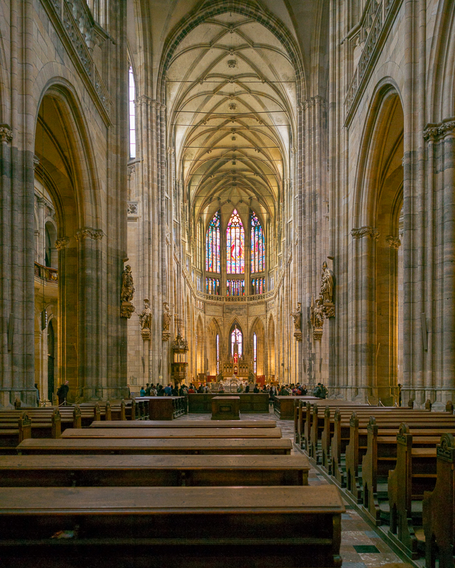 View down the aisles of the cathedral, with the play of afternoon light (much brighter light than the previous two images) through the windows.