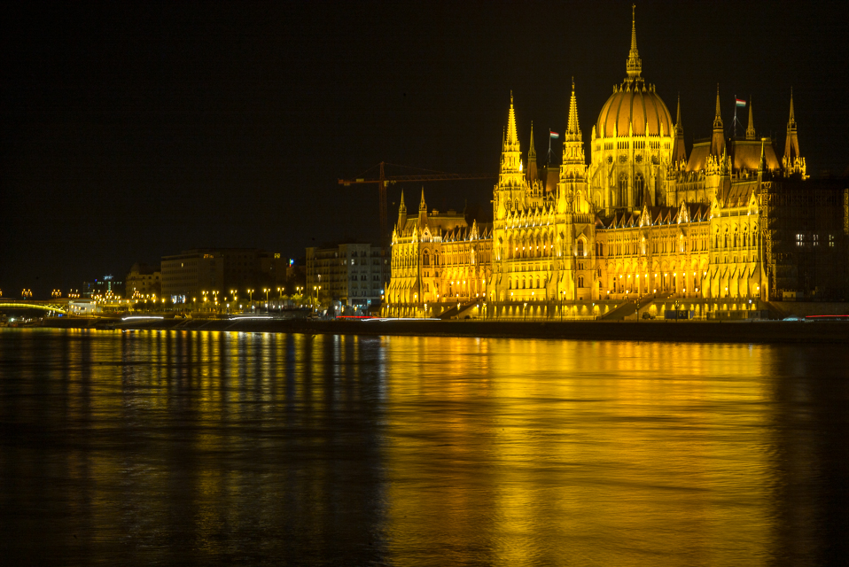 Approaching the Budapest Parliament Building, on the east side of the Danube.