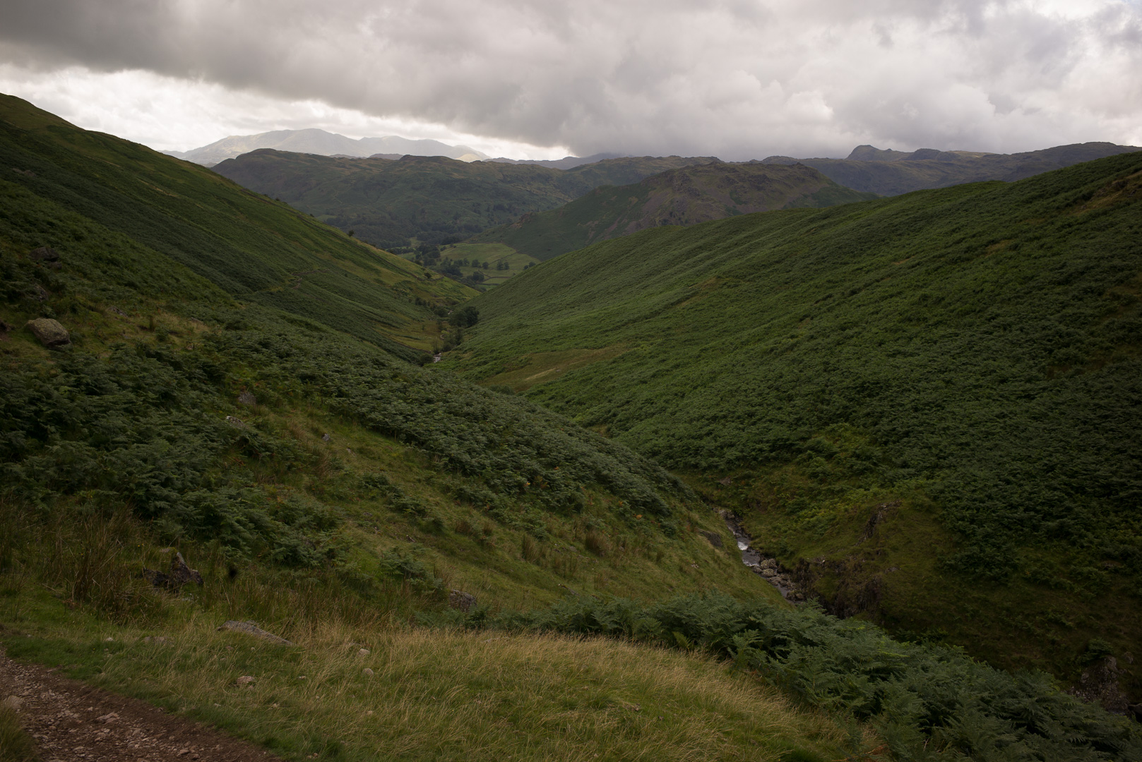 Going up the valley to Grisedale Pass, you look back down towards Grasmere (off to the left, but out of sight).